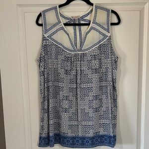 Blue and White Sleeveless Tank Top with Bib Collar